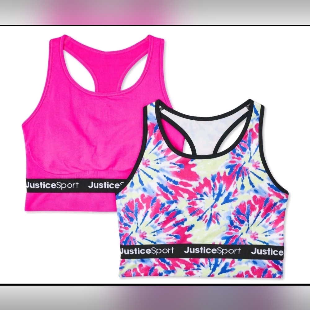 Brand New Justice Girls 2 Pack Pink and Tie-Dye Racerback Sports Bras
